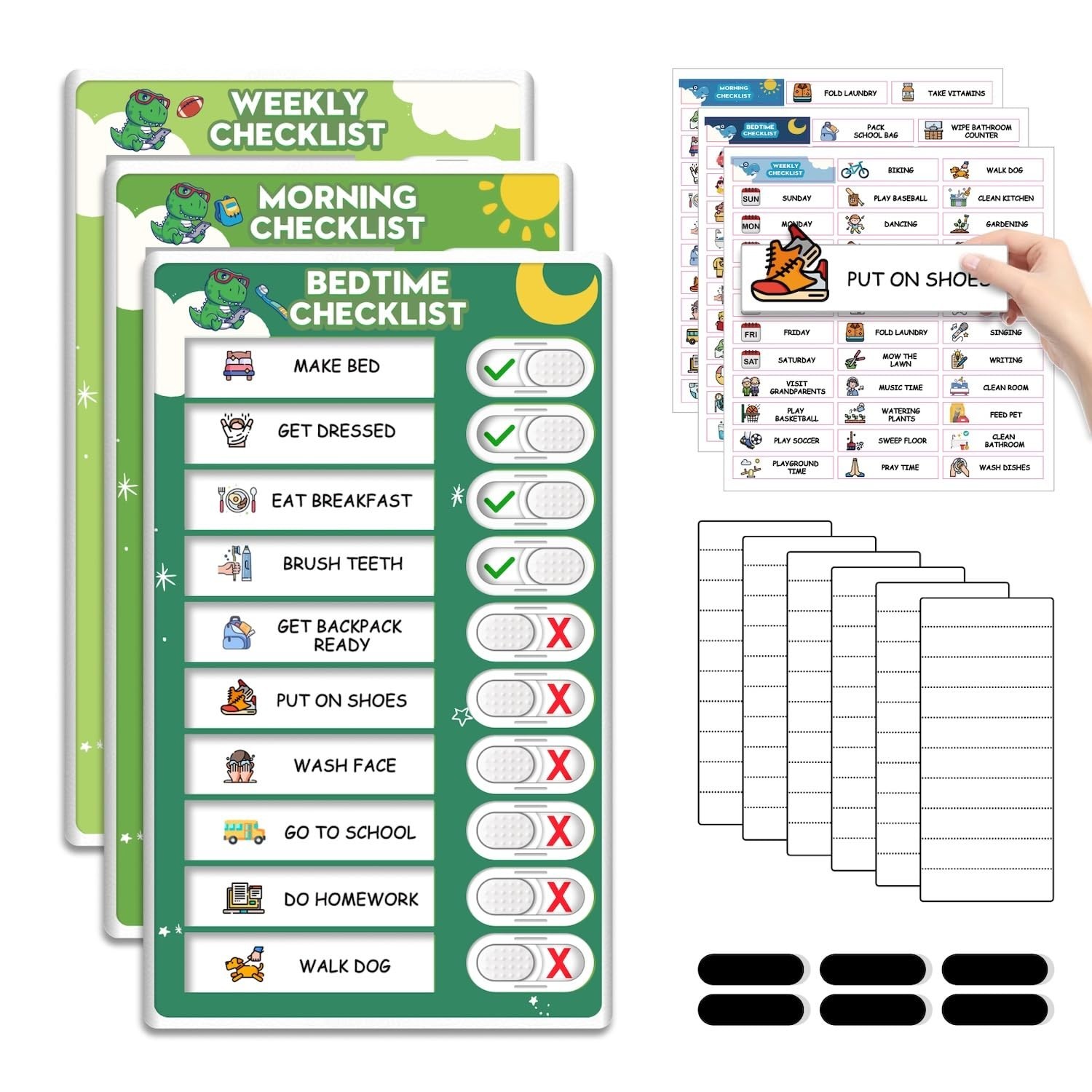 3-in-1 Magnetic Kids Routine Chart – Bedtime, Morning & Weekly Schedule with Sti
