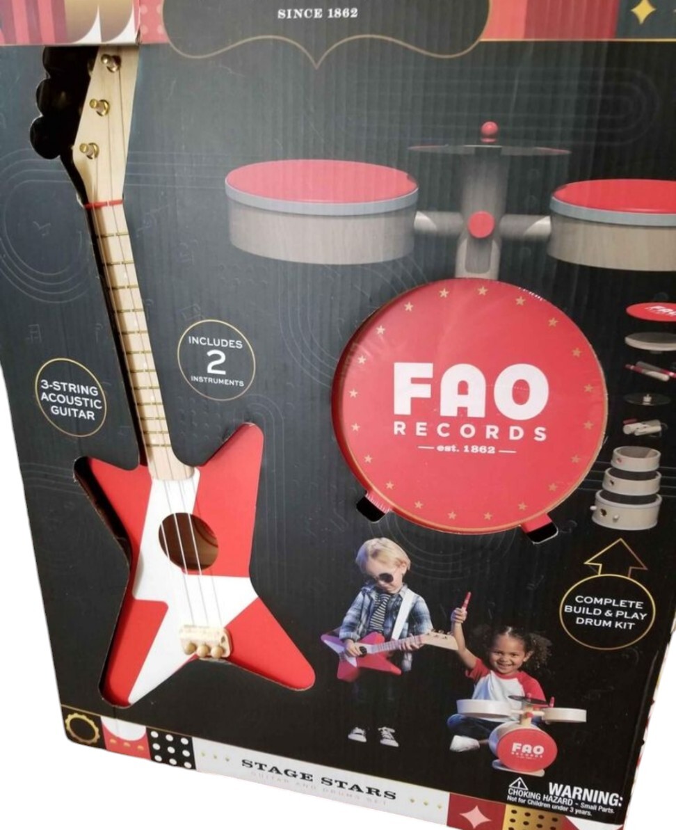 FAO Schwarz F.A.O. Records Stage Stars Toy Wood Rockstar Guitar & Drum Set – 2pk
