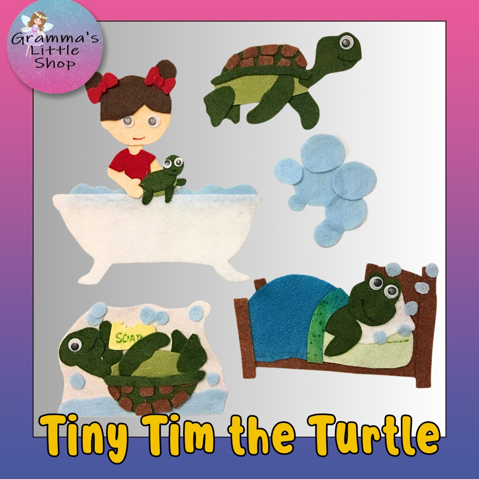 Tiny Tim the Turtle Bath Time Sample Set for Felt or Flannel Board Play