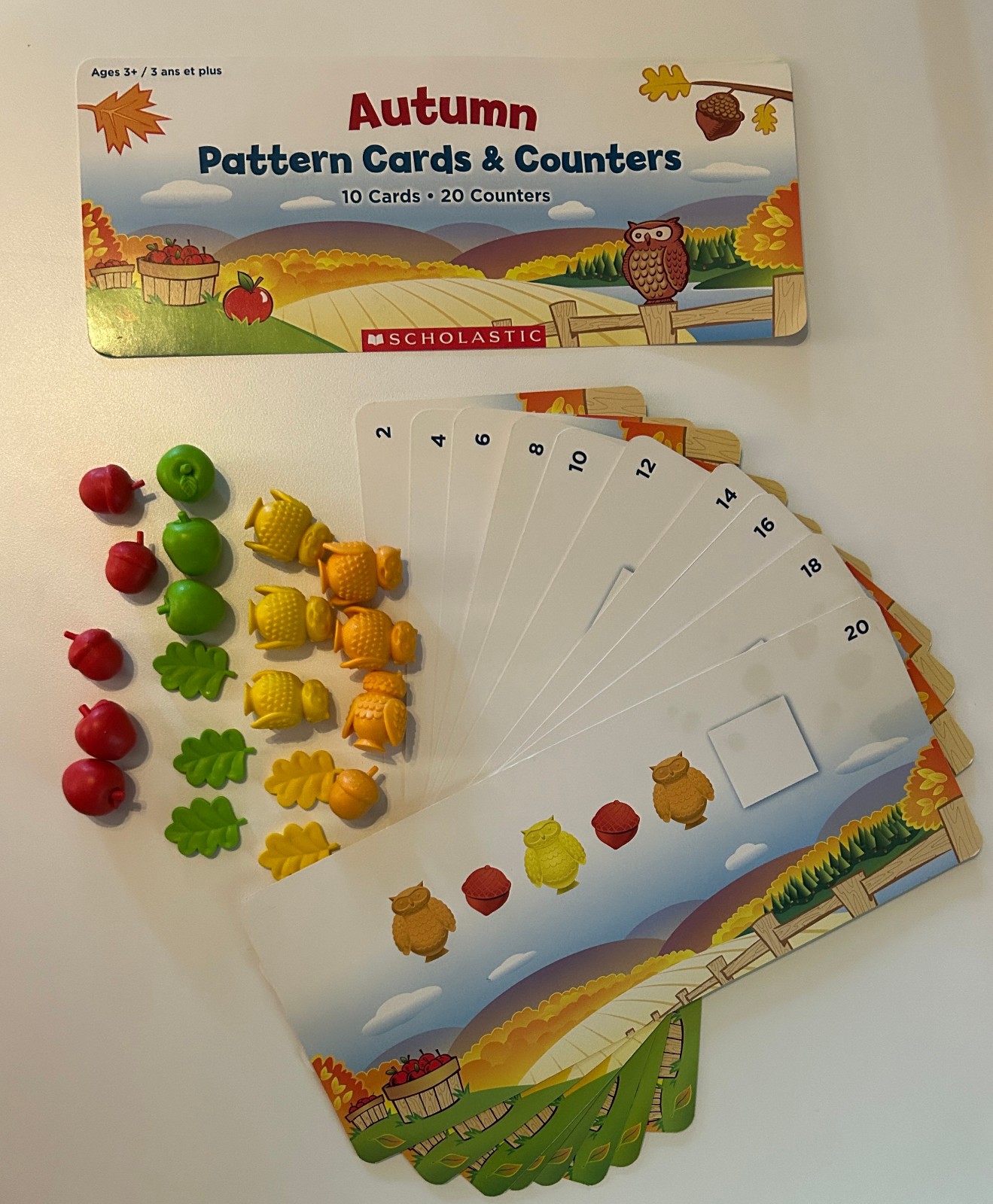 2012 Scholastic Autumn Pattern Cards & Counters, Owls, Apples, Leave, Acorns