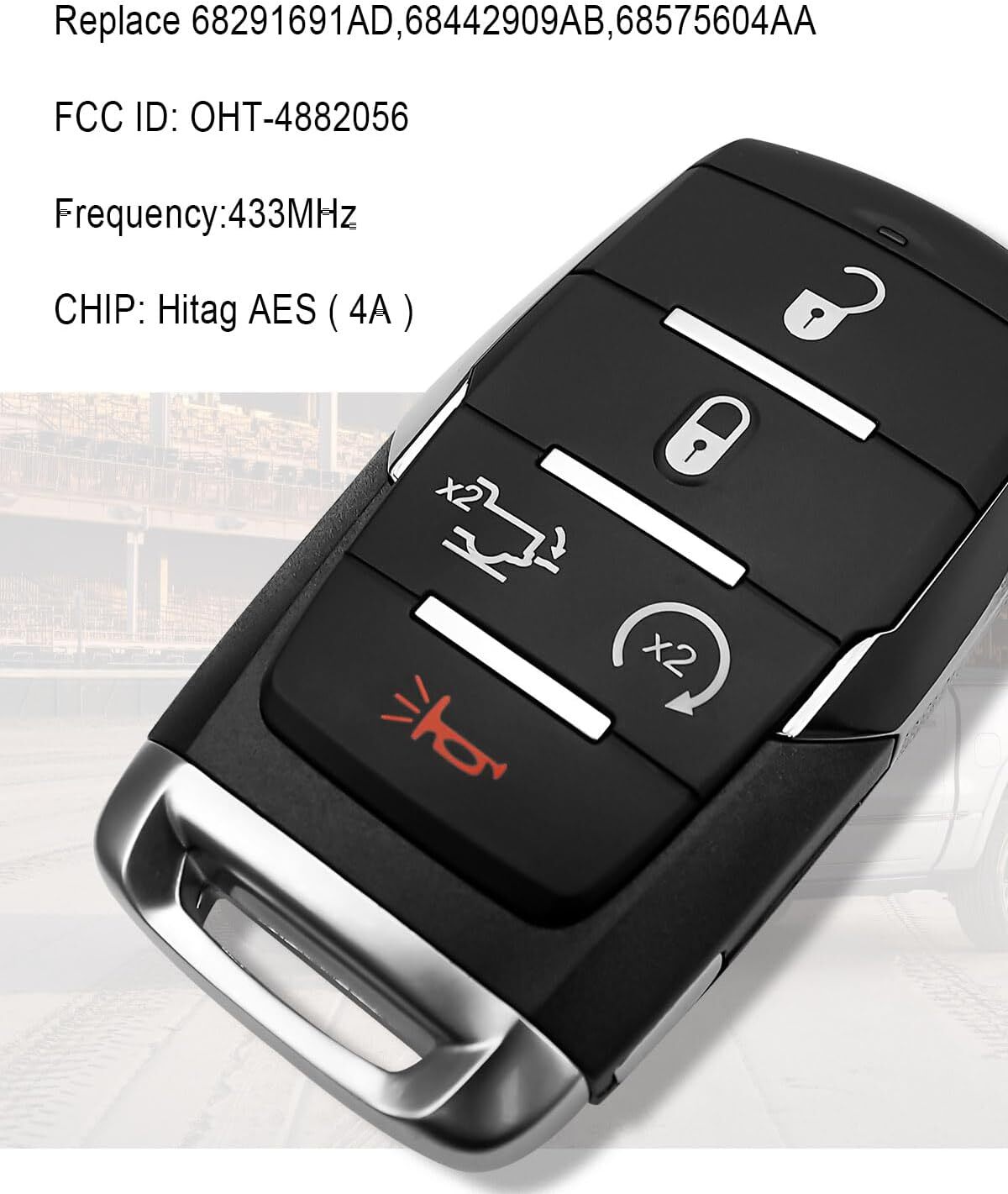 5 Buttons Smart Remote Key Fit for Dodge Ram 1500 Pickup 2019-2022, Keyless