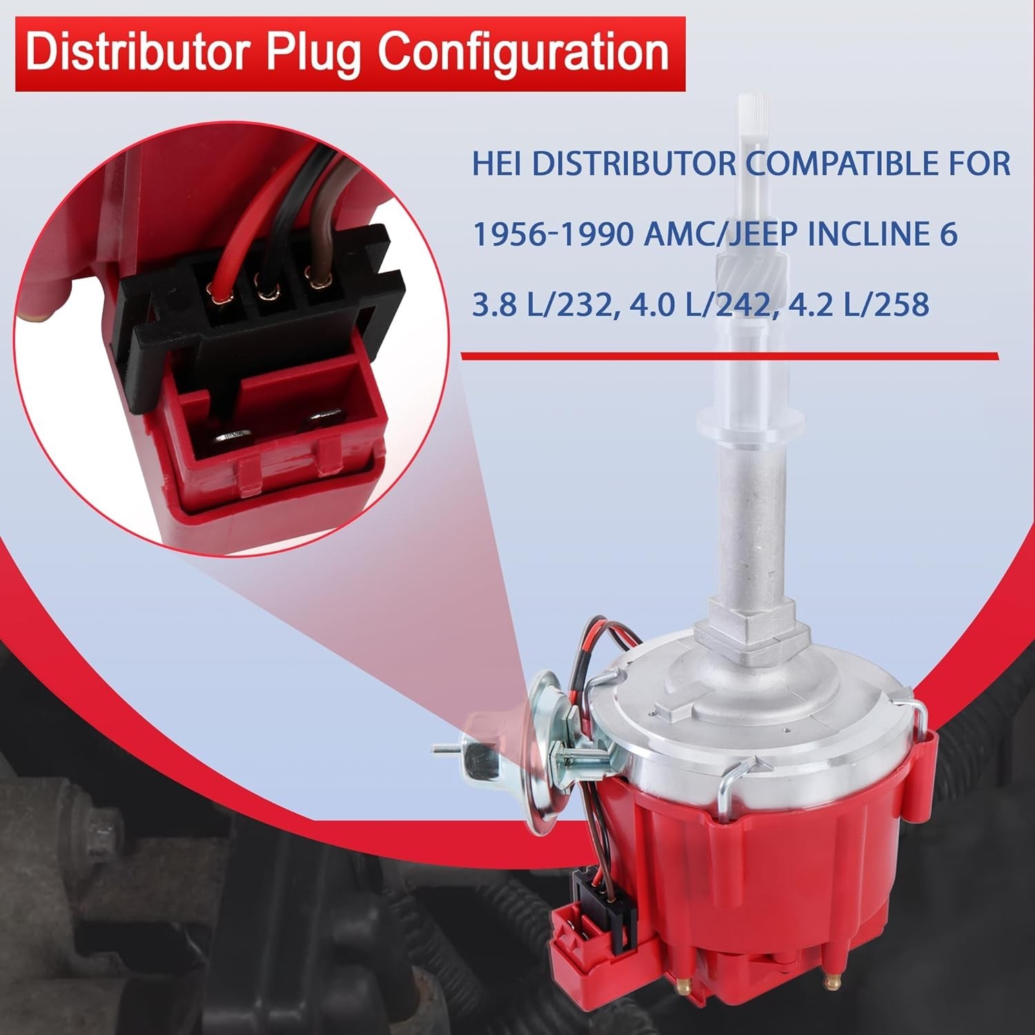 HEI Distributor w/ Plug Wires for Jeep AMC 232 242 258 I6 65K Coil Red Cap