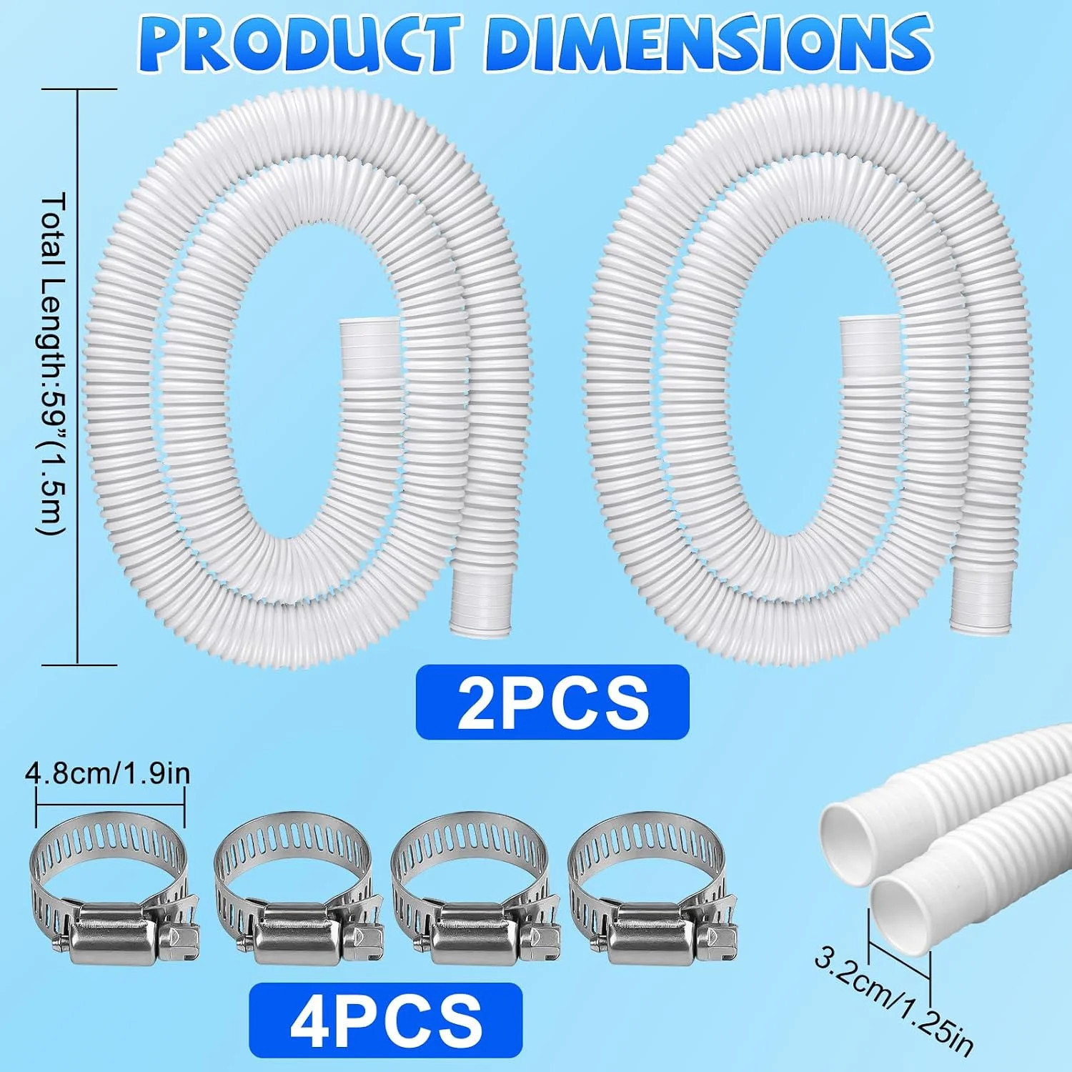 2Pack Pool Pump Replacement Hose for Above Ground Pools, 1.25 x 59 Inch Pool Fil