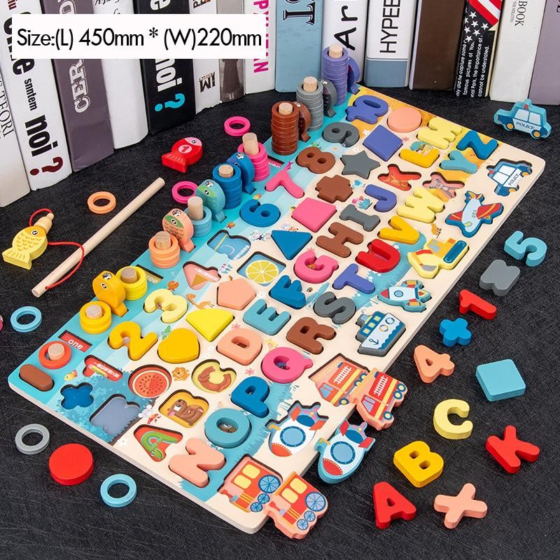 Kids Montessori Maths Wooden Puzzles Toddlers Counting Shapes Sorting Board