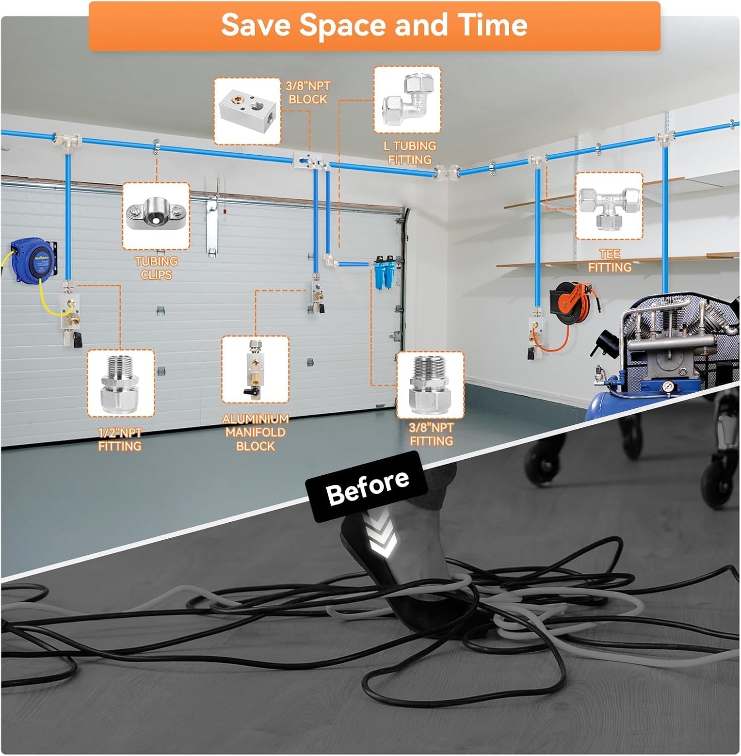 3/4″×100’&200’&300′ Compressed Air Line Kit,HDPE-Aluminum-HDPE Piping,Includes 2