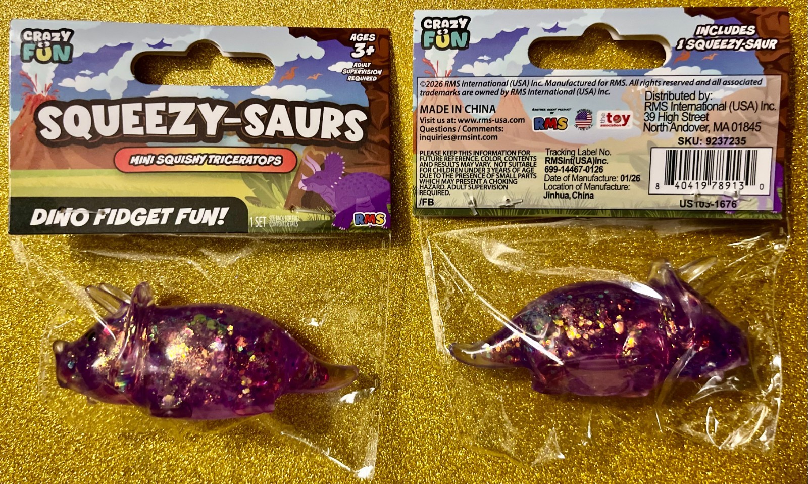 RMS CRAZY FUN PURPLE GLITTER DINO SQUEEZY-SAURS TRICERATOPS