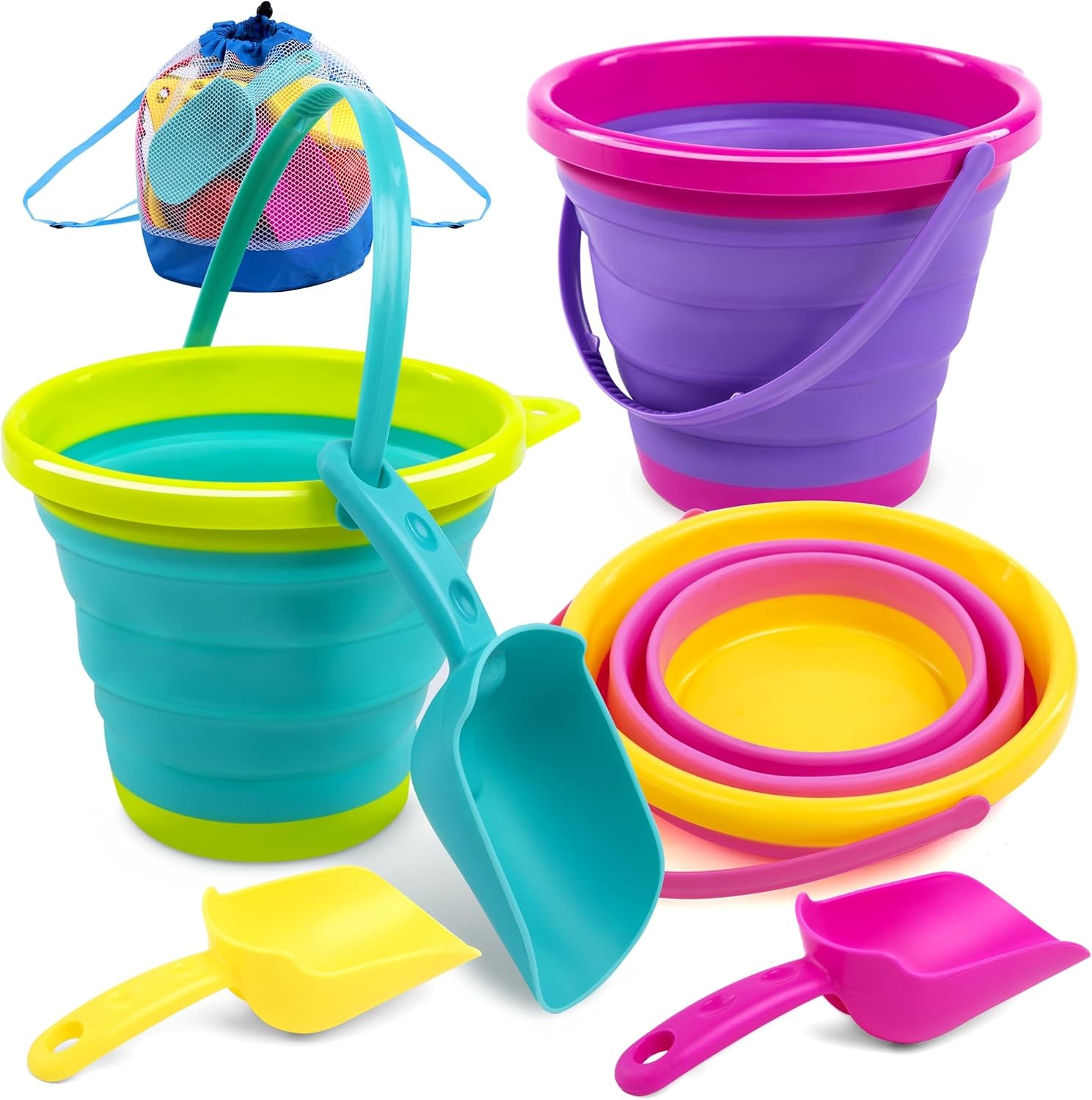 JOYIN Foldable Beach Bucket Set – 3 Packs Collapsible Toy Pink/Purple/Green