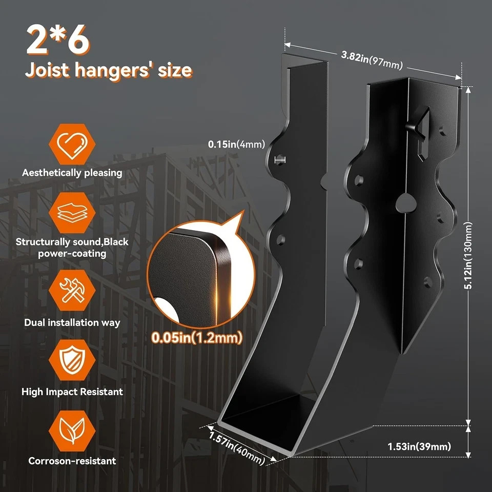25 Pcs Black 2×6 Joist Hangers for Wood, Rafter Brackets, face Mount 2×6 Joist