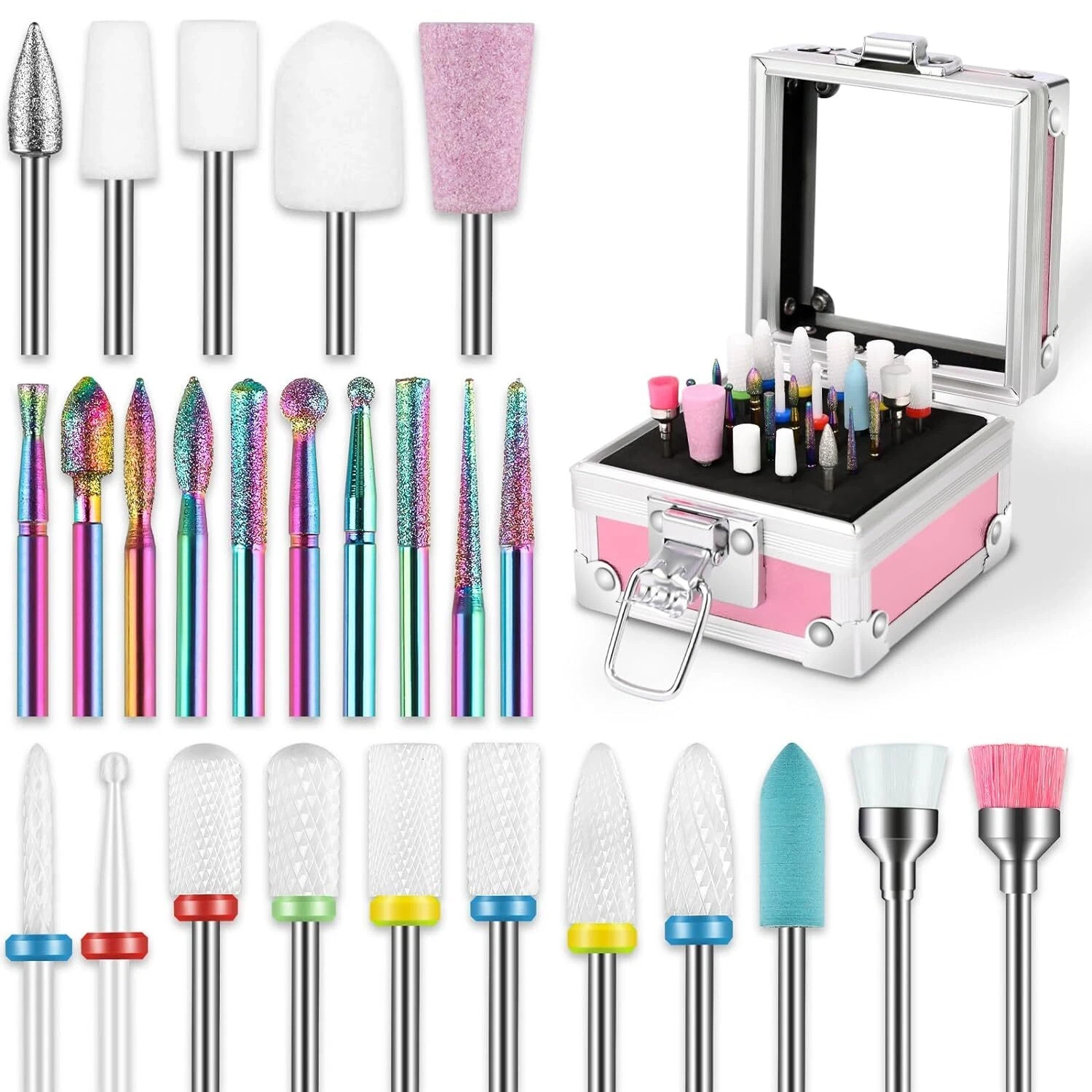 26PCS Nail Drill Bits Set with Holder Case, 3/32 inch Ceramic Safety Bits for