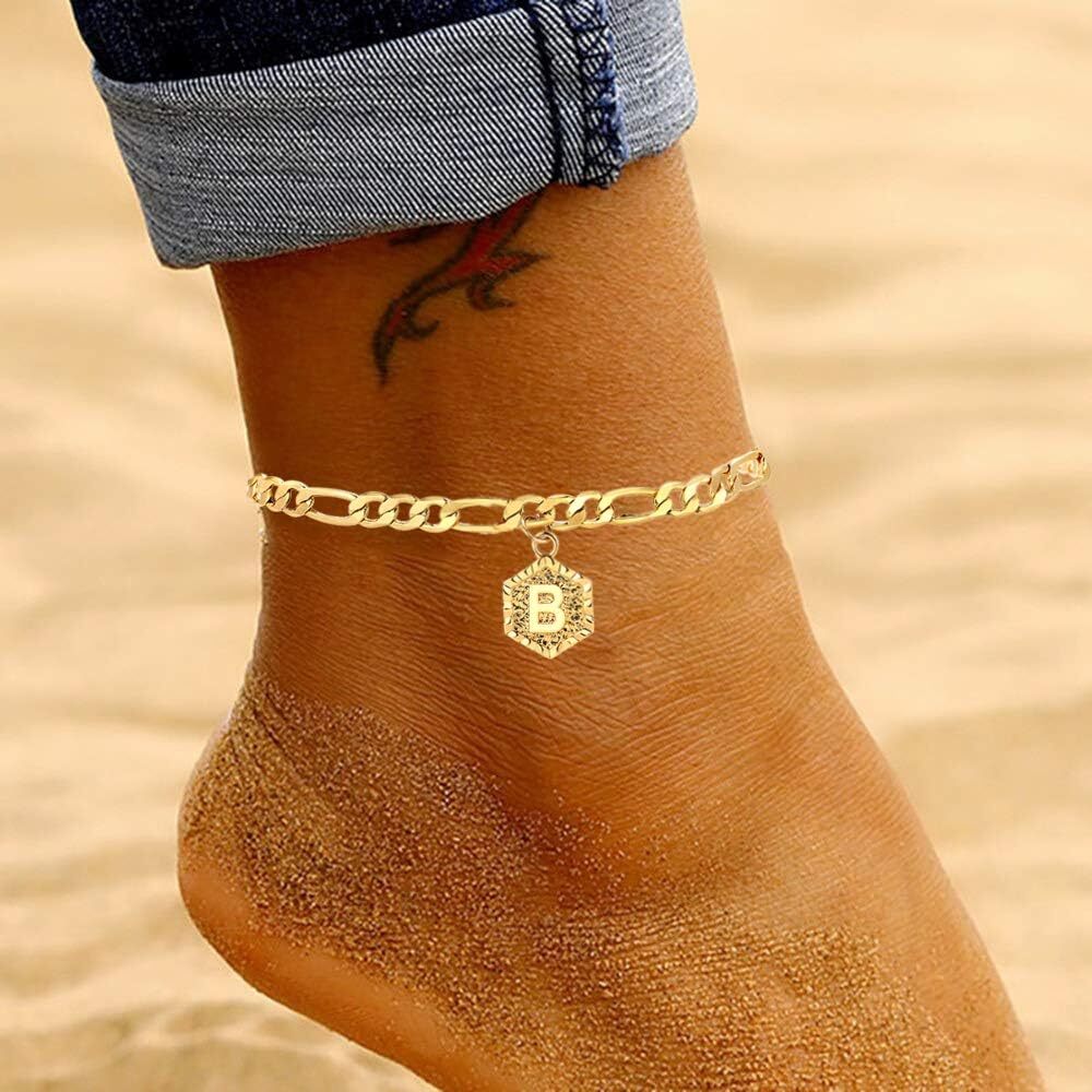 Gold Initial Anklet for Women Dainty 14k Gold Anklets Alphabet Letter Cuban Link