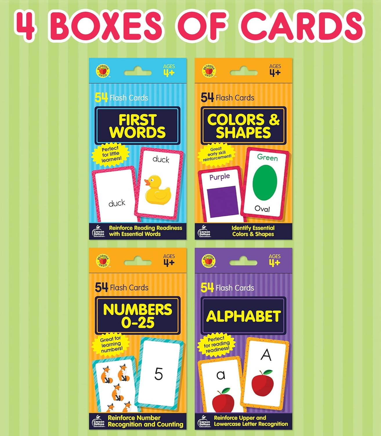 4-Pack Toddler Flash Cards – Alphabet Word Colors/Shapes Numbers Learning Age 4+