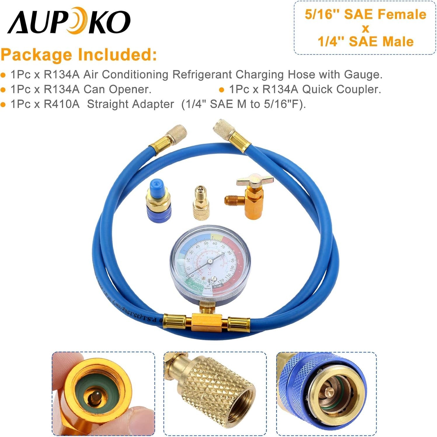 Aupoko R134A Recharge Hose Kit with Gauge, 59” AC Refrigerant Recharging Hose