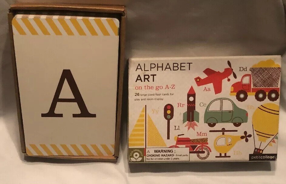 Petit Collage Alphabet Art On the Go A-Z 26 large flash cards Car Airplane Boat