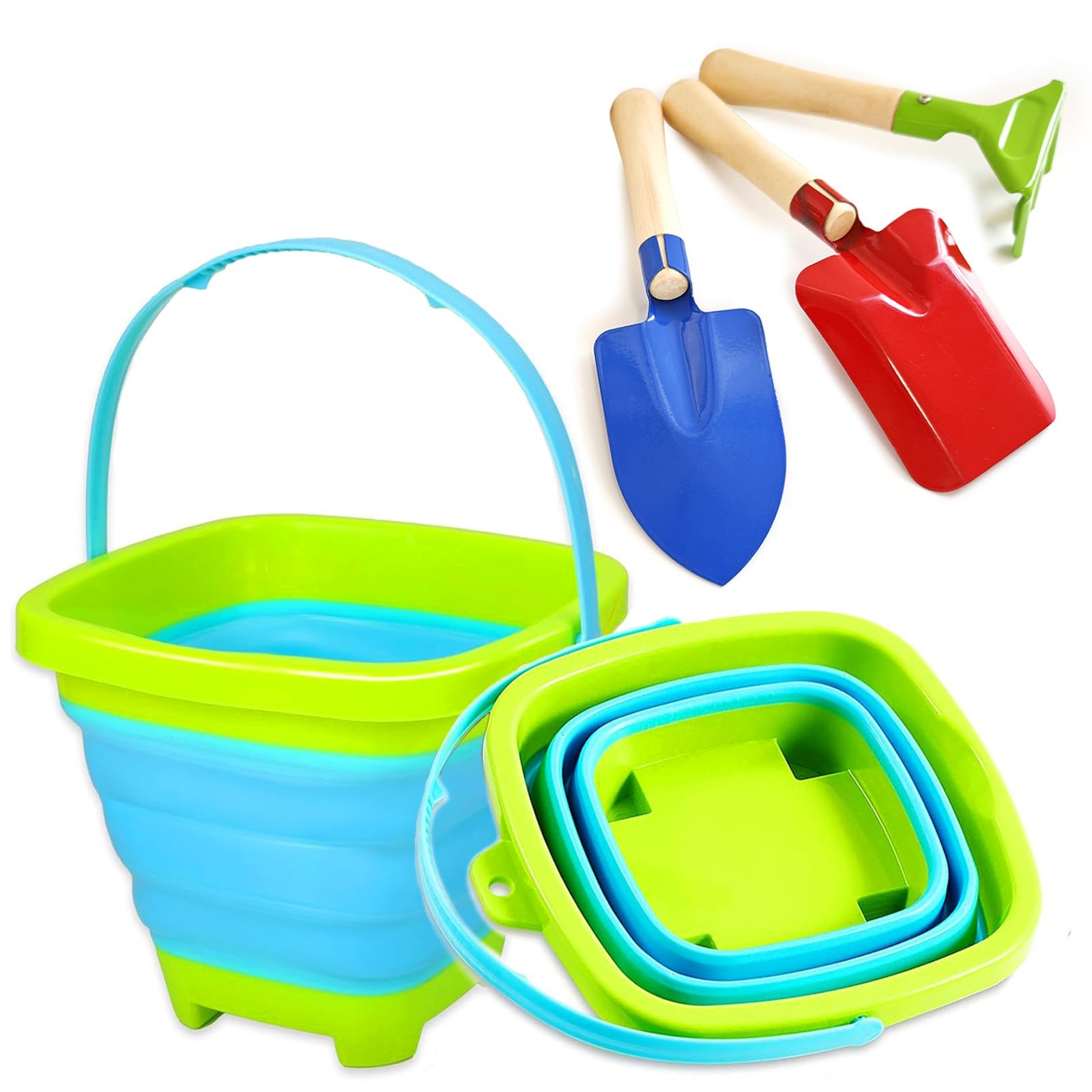 Collapsible Beach Toys for Kids Toddlers Beach Buckets with 3pcs Metal Shovels