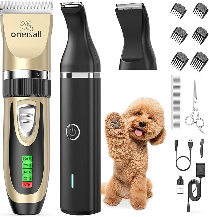 oneisall Dog Grooming Clippers and Paw Trimmer Kit 2 in 1 Quiet Cordless Dog