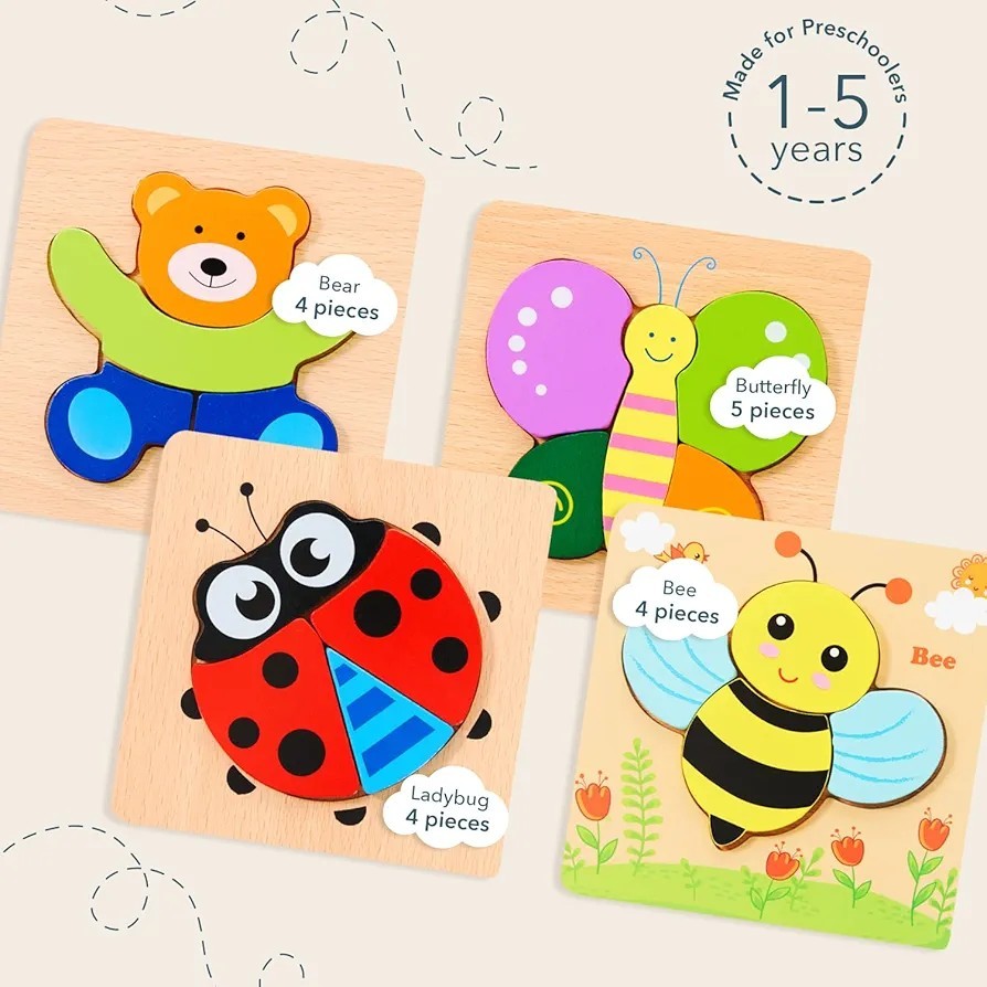 Montessori Wooden Toddler Puzzle Set – Educational Toys for Ages 1-3 (4 Pack)
