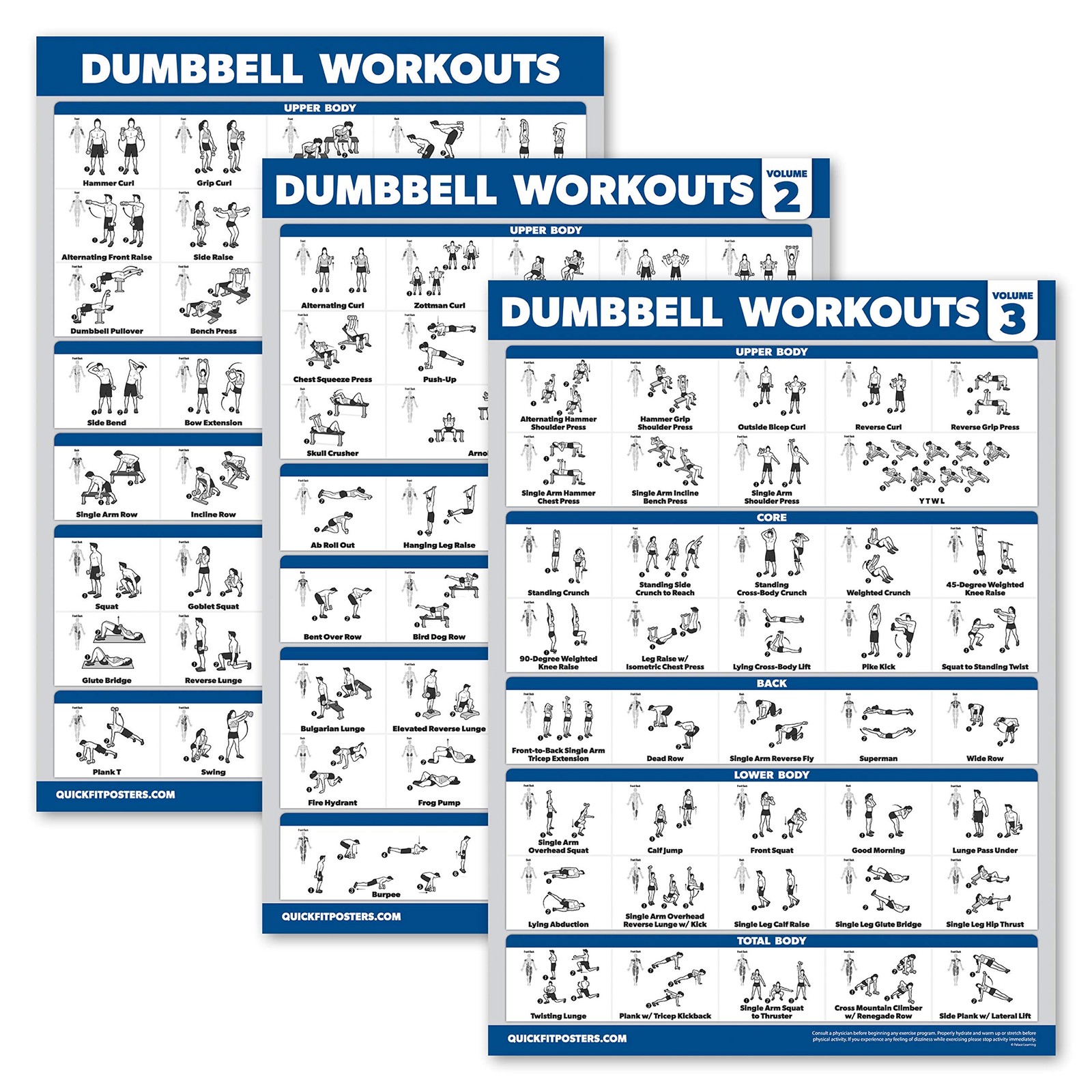 Palace Learning 3 Pack – Dumbbell Workout Posters for Home Gym – Volume 1, 2 & 3