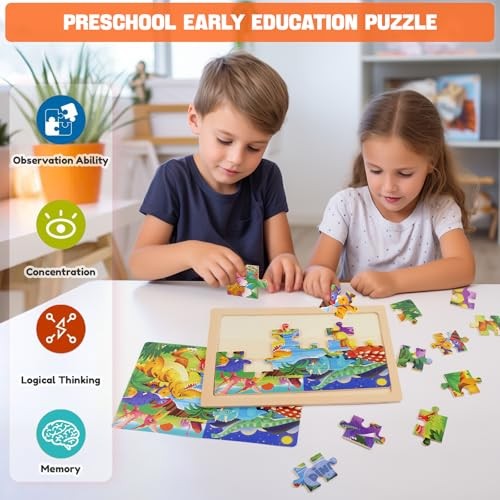 4 Packs 24 PCs Wooden Puzzles for Kids Ages 3-5, Montessori Toddler Animal