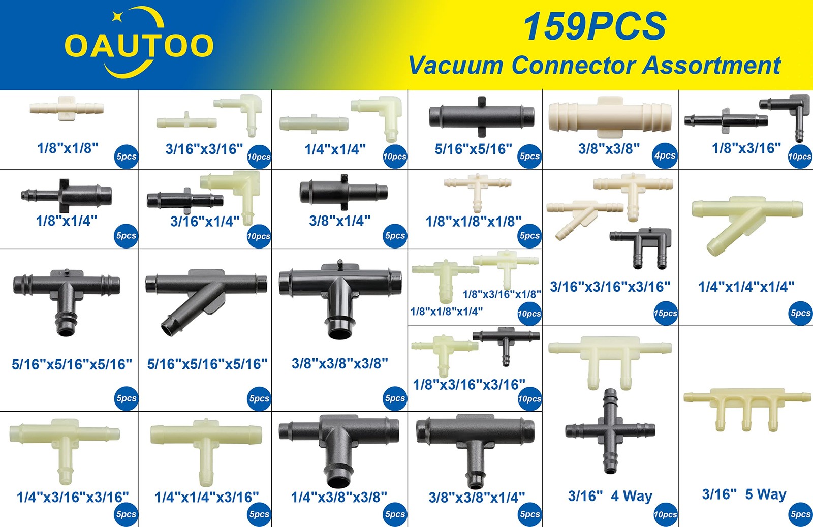 Automotive Vacuum Tubing Connector Assortment Kit 32 Sizes, 1/8″ to 3/8″