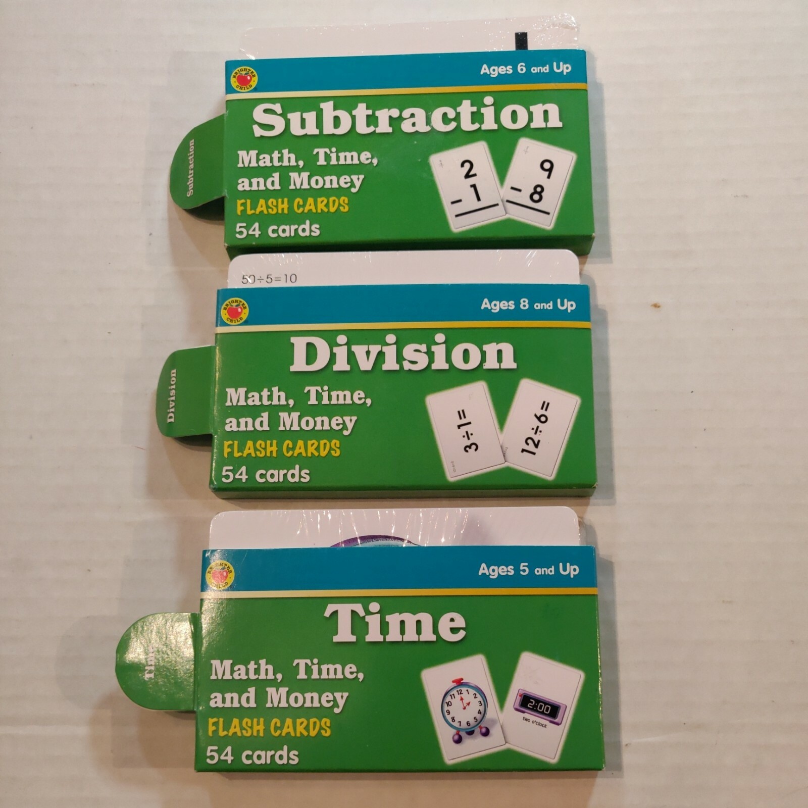 3 Brighter Child ‘Math, Time & Money’ Flash Card Sets Subtraction/Division/Time