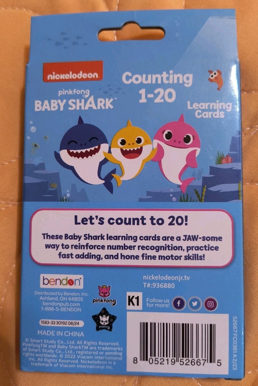 Baby Shark Counting 1-20 Number Flash Learning Colorful Cards NEW! Free Shipping