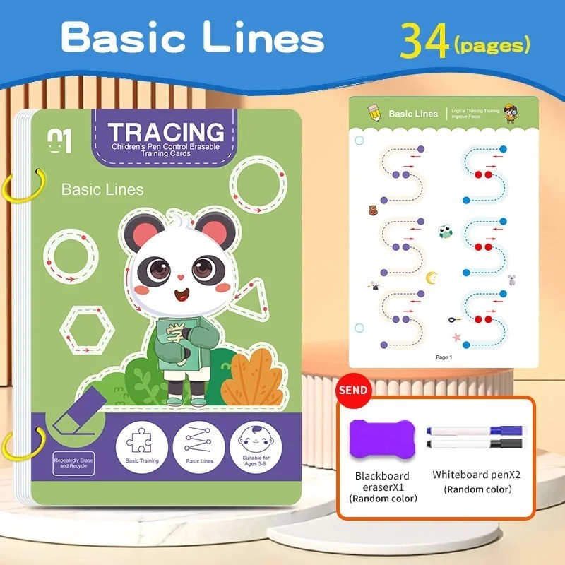 34-Page Reusable Children Practice Book Ersable Pen Set Writing Drawing Learning
