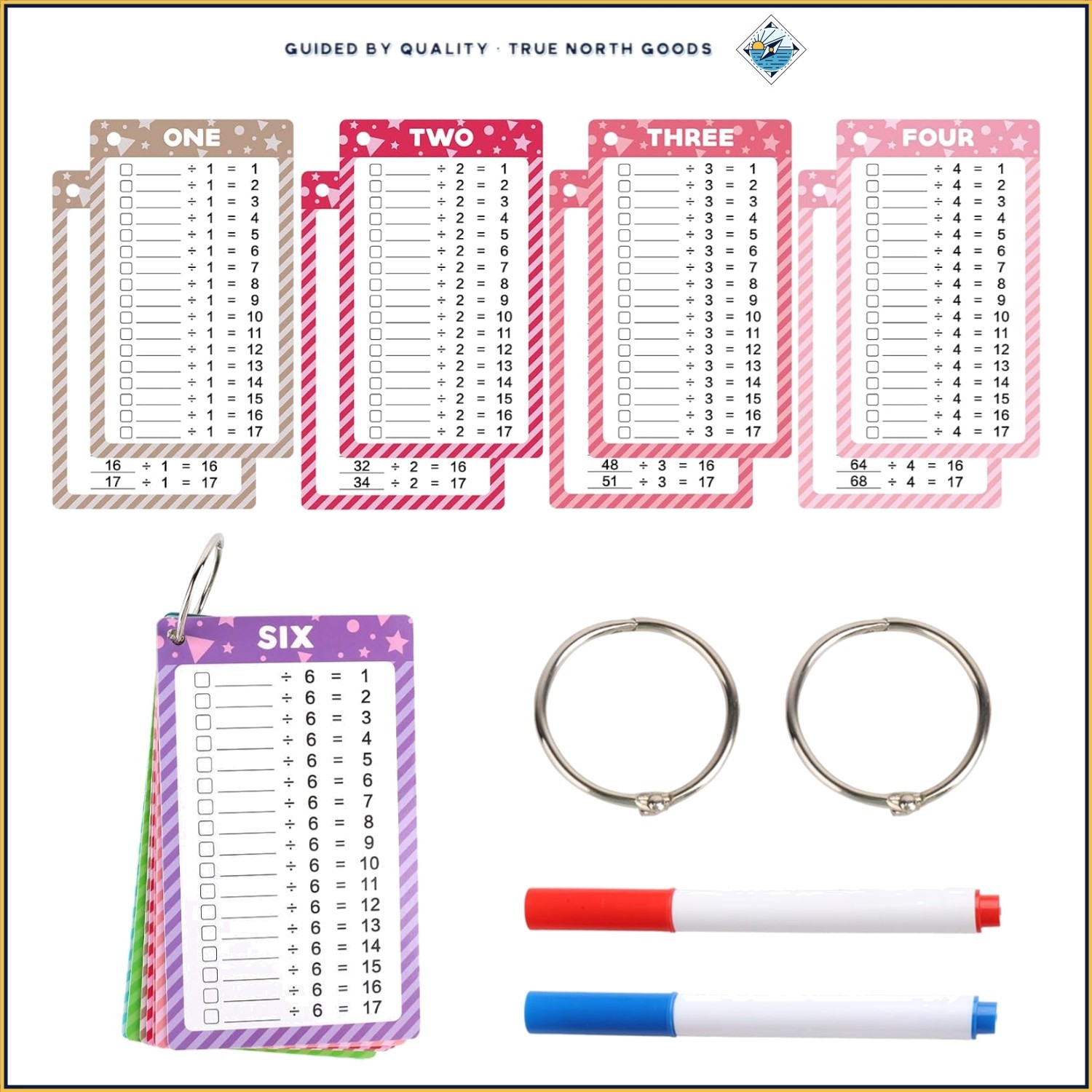 17 Pcs Division Flash Cards for Kids, Fun Math Learning Tool for Grades 1-4