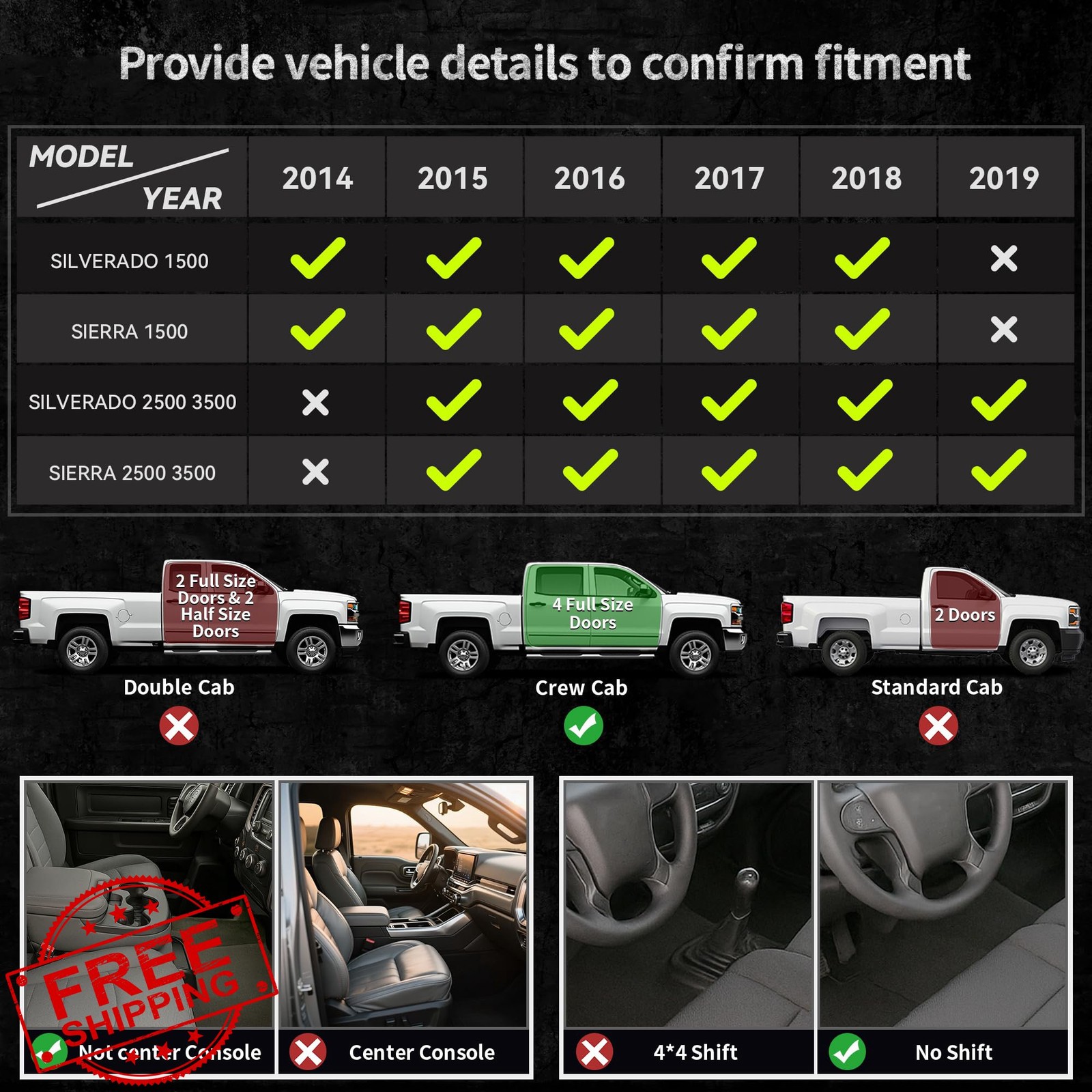 OEDRO Floor Mats 14-18 Crew Cab Bench Silverado Sierra