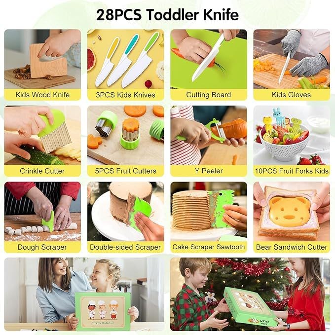 28PC Toddler Kitchen Tools Set – Kid Safe Knives Kit for Real Cooking for Age 2+