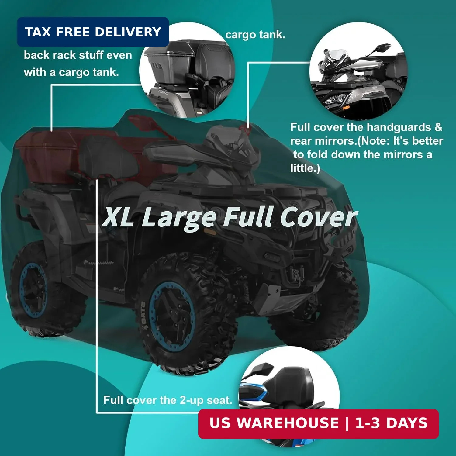 QYMOTO ATV Cover,420D Large ATV Cover XXL 2-UP,4 Wheeler Quad Durable Waterproof