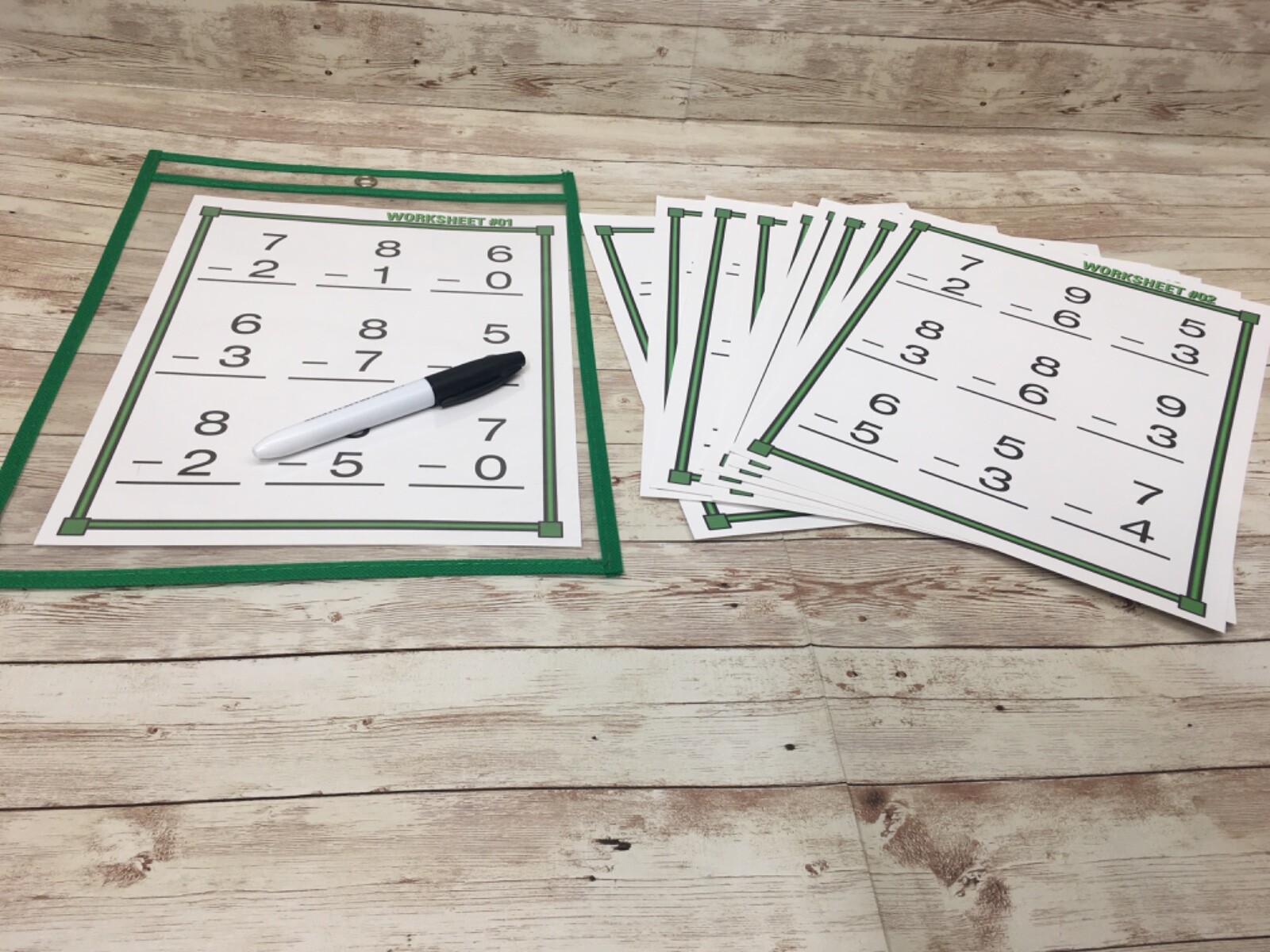 SUBTRACTION FACTS KIT – 10 Worksheets – with Reusable Dry Erase Pocket