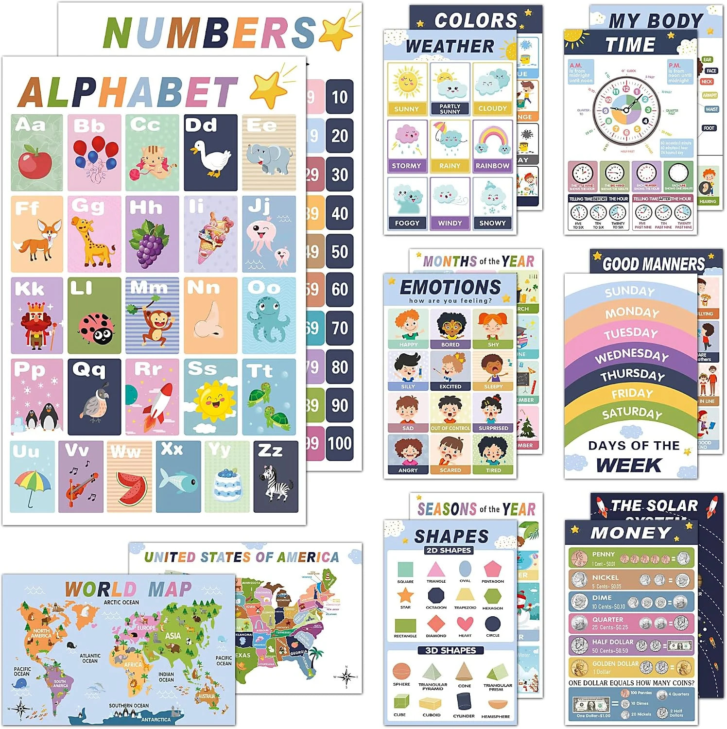 16 Educational Posters for Preschool & Kindergarten, Laminated Classroom Charts