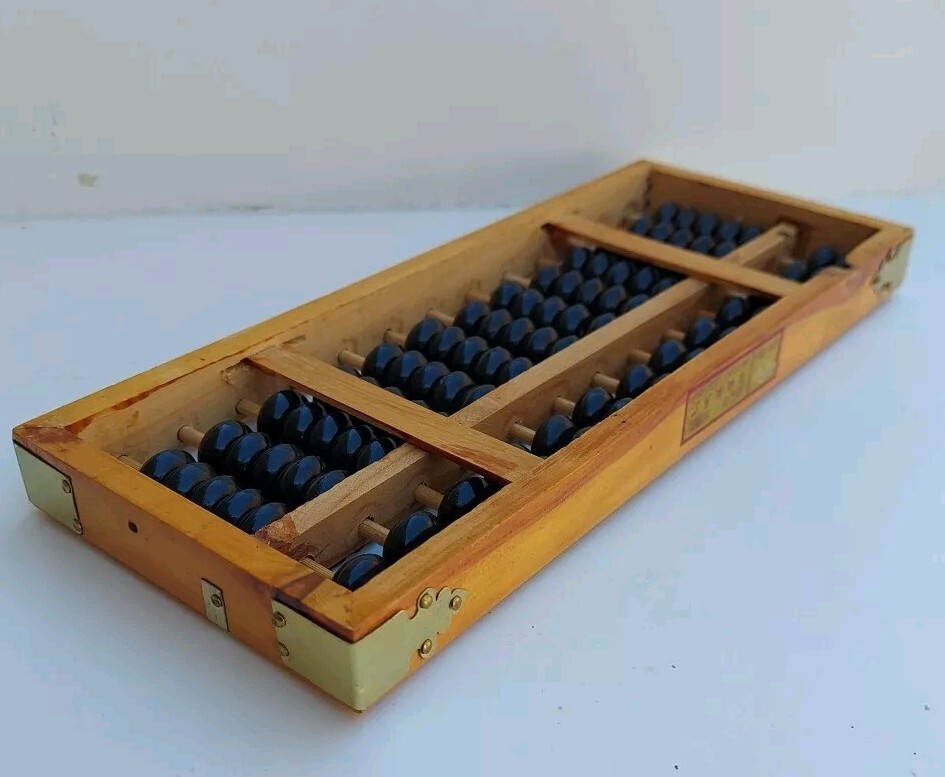 Vintage Abacus 13 Column Wood Calculator 7 Bead Rows 9½ X 4″ Metal Corners