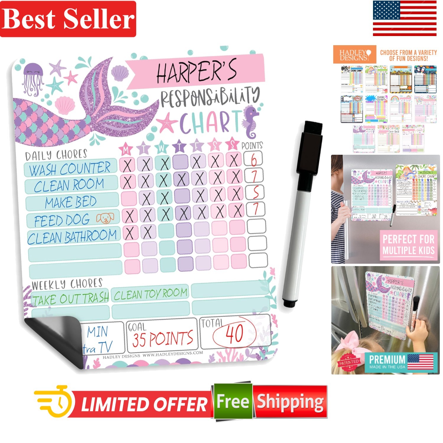 Reusable Magnetic Chore Chart for Kids – Mermaid Design for Family Organization