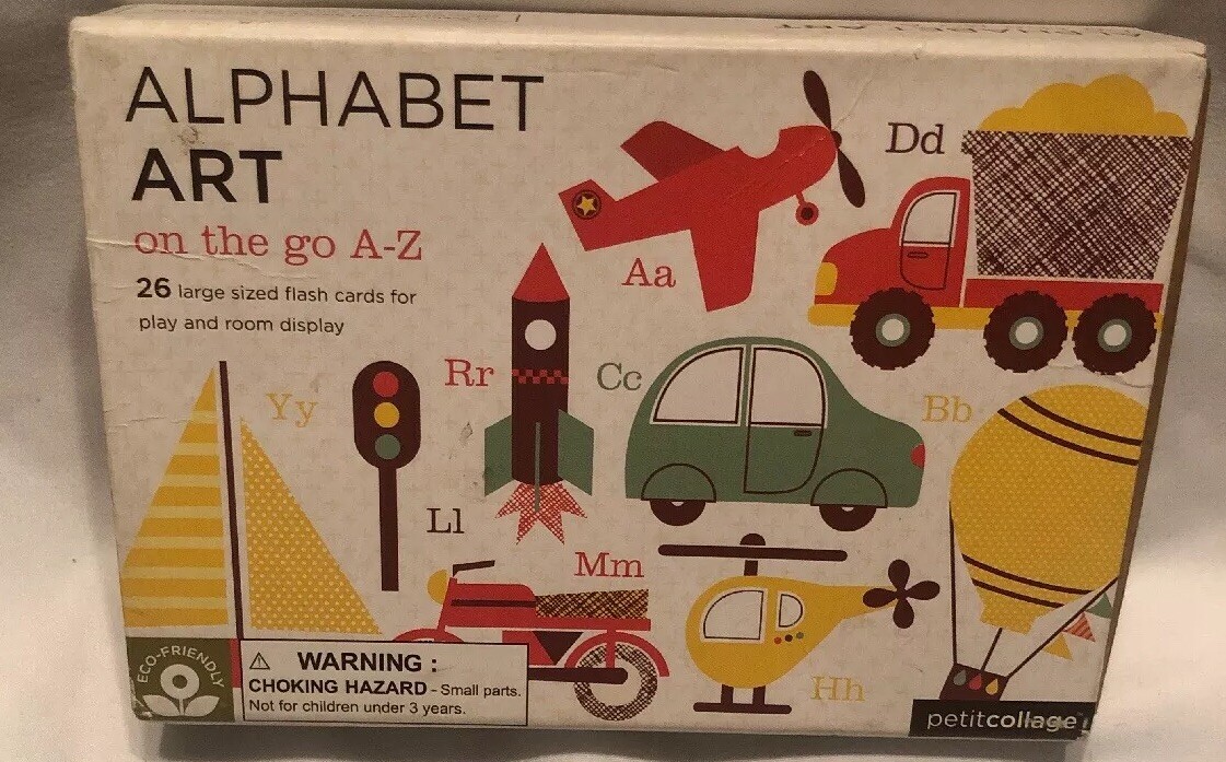 Petit Collage Alphabet Art On the Go A-Z 26 large flash cards Car Airplane Boat
