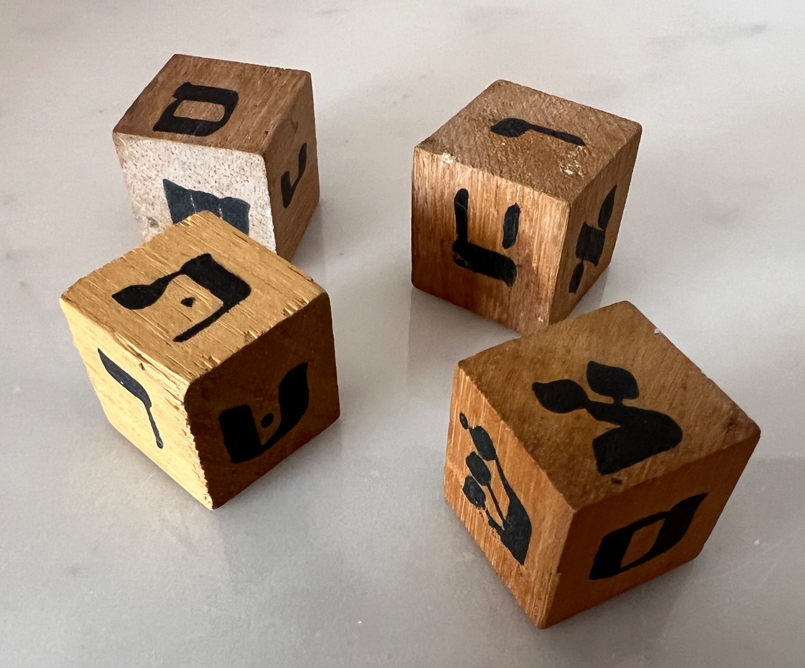 Four Vintage Hebrew Alef-Bet Wooden Blocks – for educational, game or craft use
