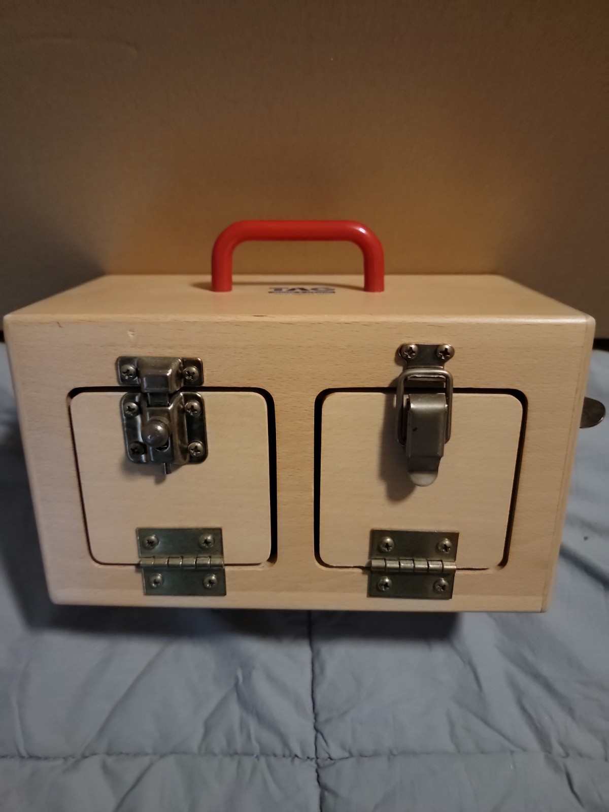 VINTAGE TAG Think And Grow 6-Door Wooden Latch And Lock Box Toy