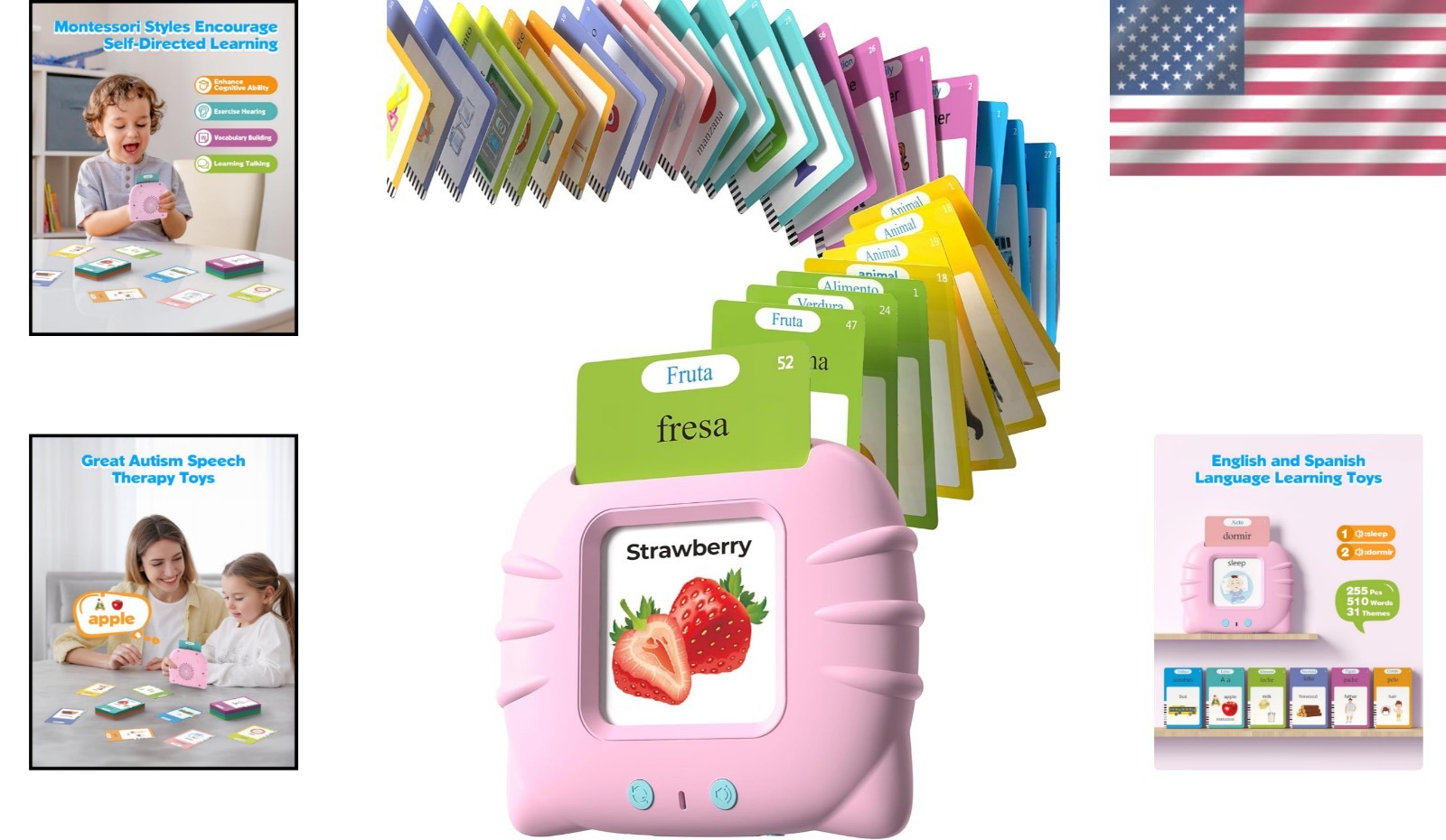 Talking Flash Cards for Kids: 510 Interactive Words in Pink – English & Spanish