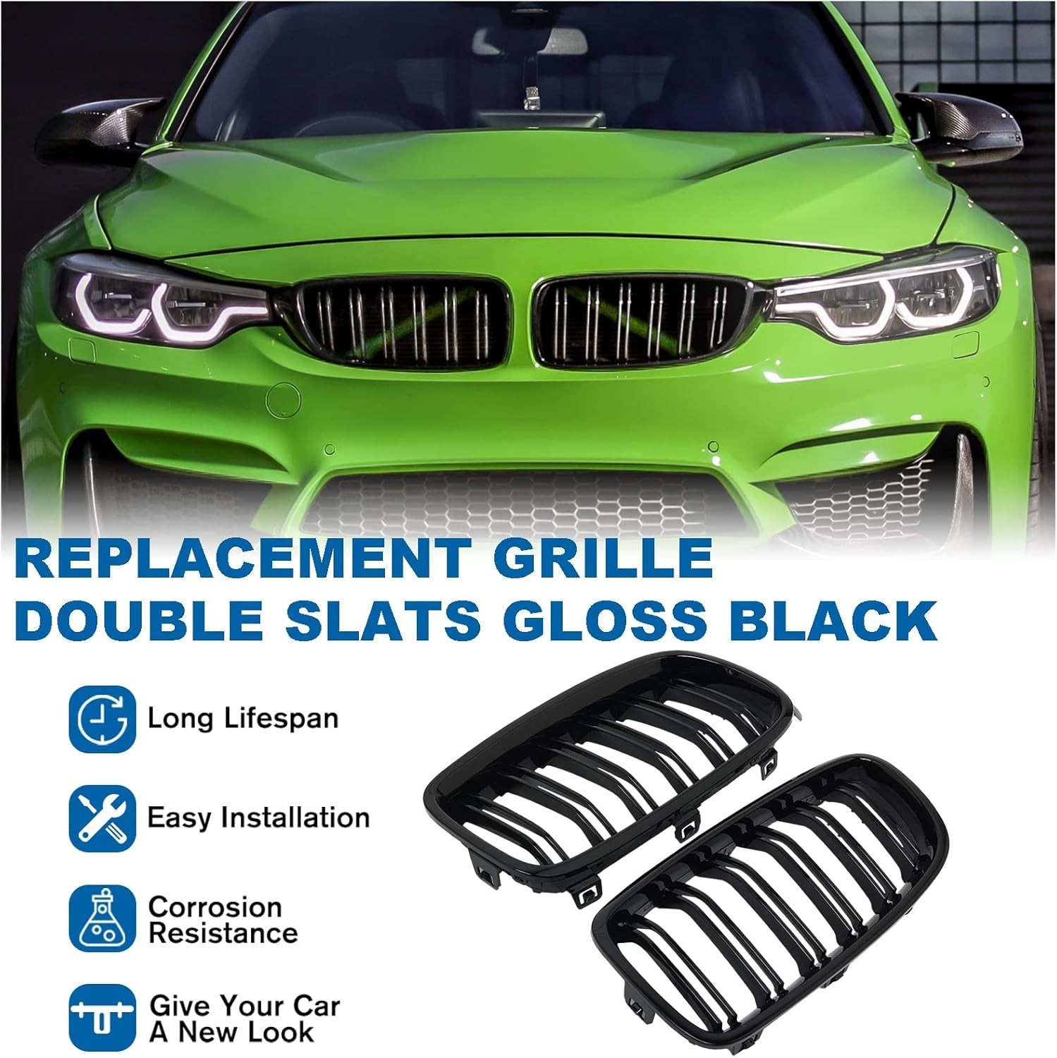 F30 Black Kidney Grille – Double Slats, Compatible with 2012-2018 BMW 3 Serie…