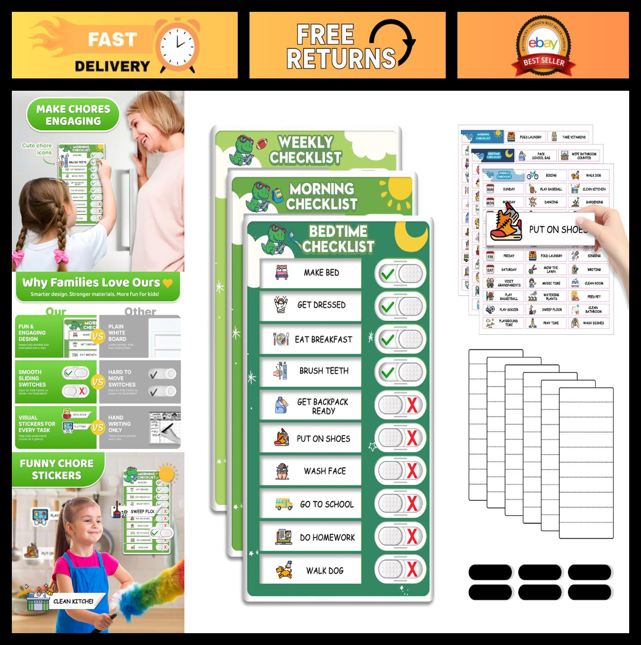 3-in-1 Magnetic Kids Routine Chart – Bedtime, Morning & Weekly Schedule with Sti
