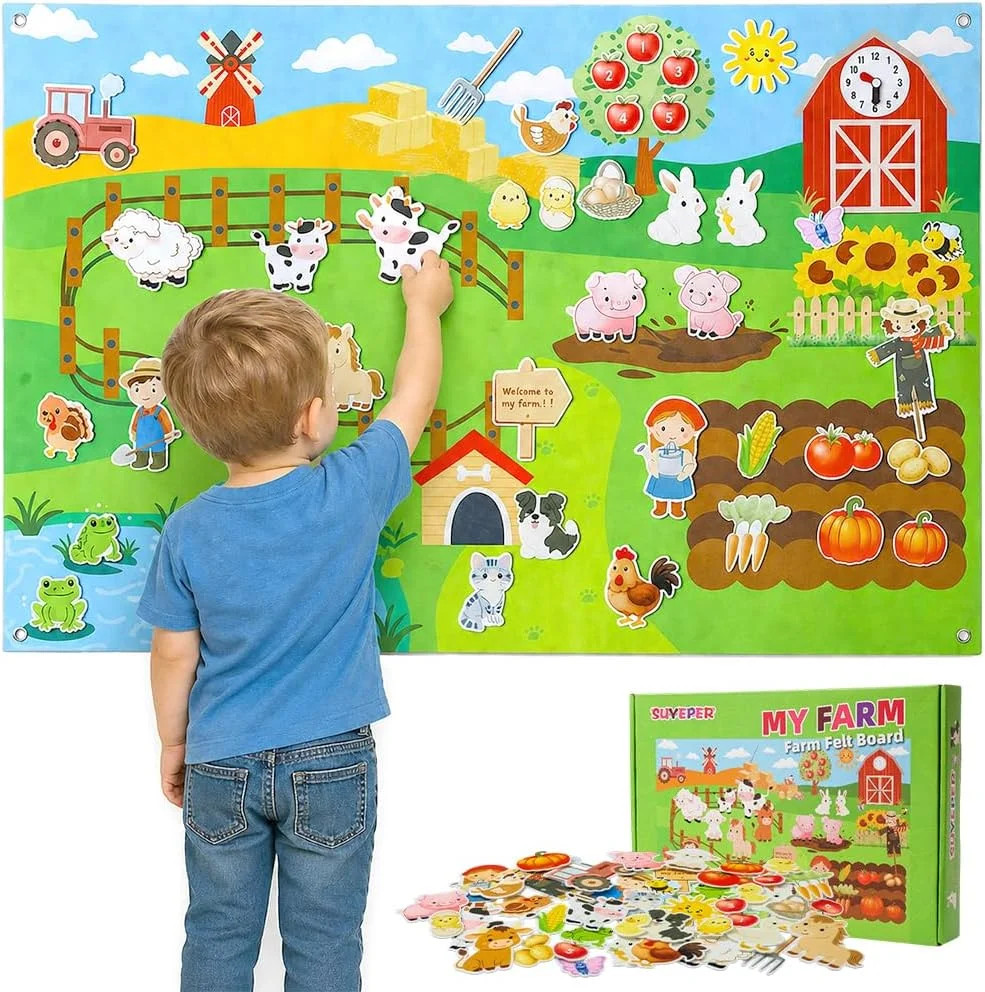 Farm Felt Story Board Set with 44pcs Animal Figures and Clock Number Learning Ch