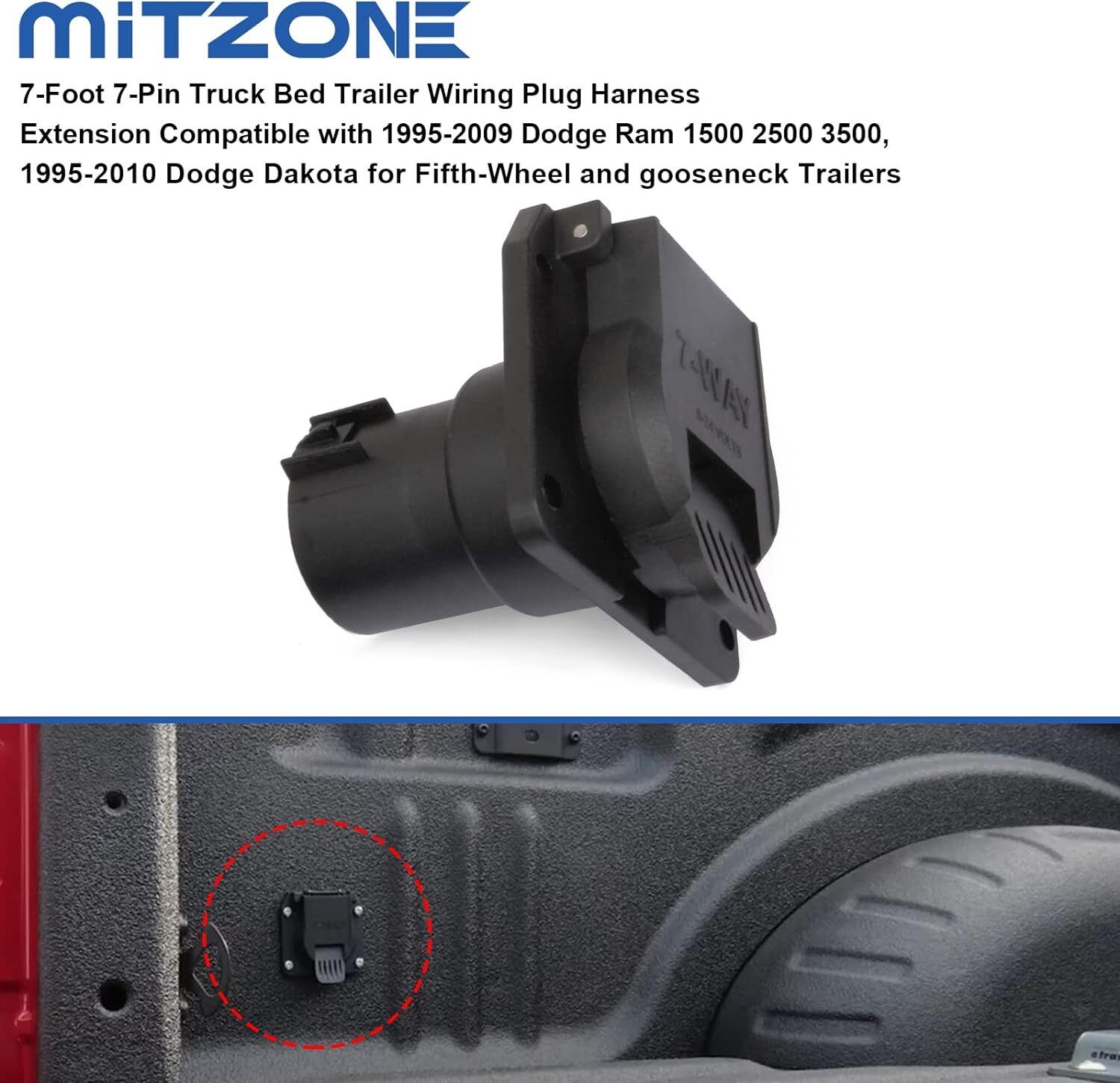 MITZONE 7-Foot 7-Pin Truck Bed Trailer Wiring Plug Harness Extension Compatible