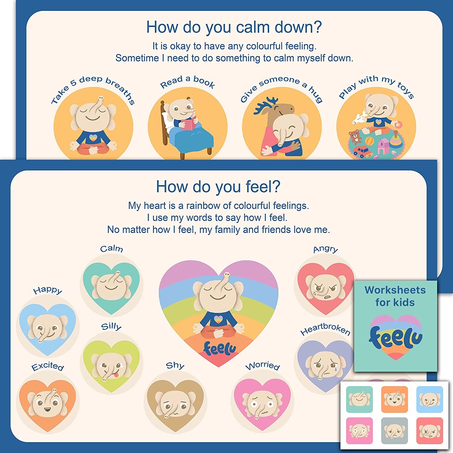 Feelings Chart For Kids – Calming Poster – 2 12”x18” + 6 Emotion Stickers