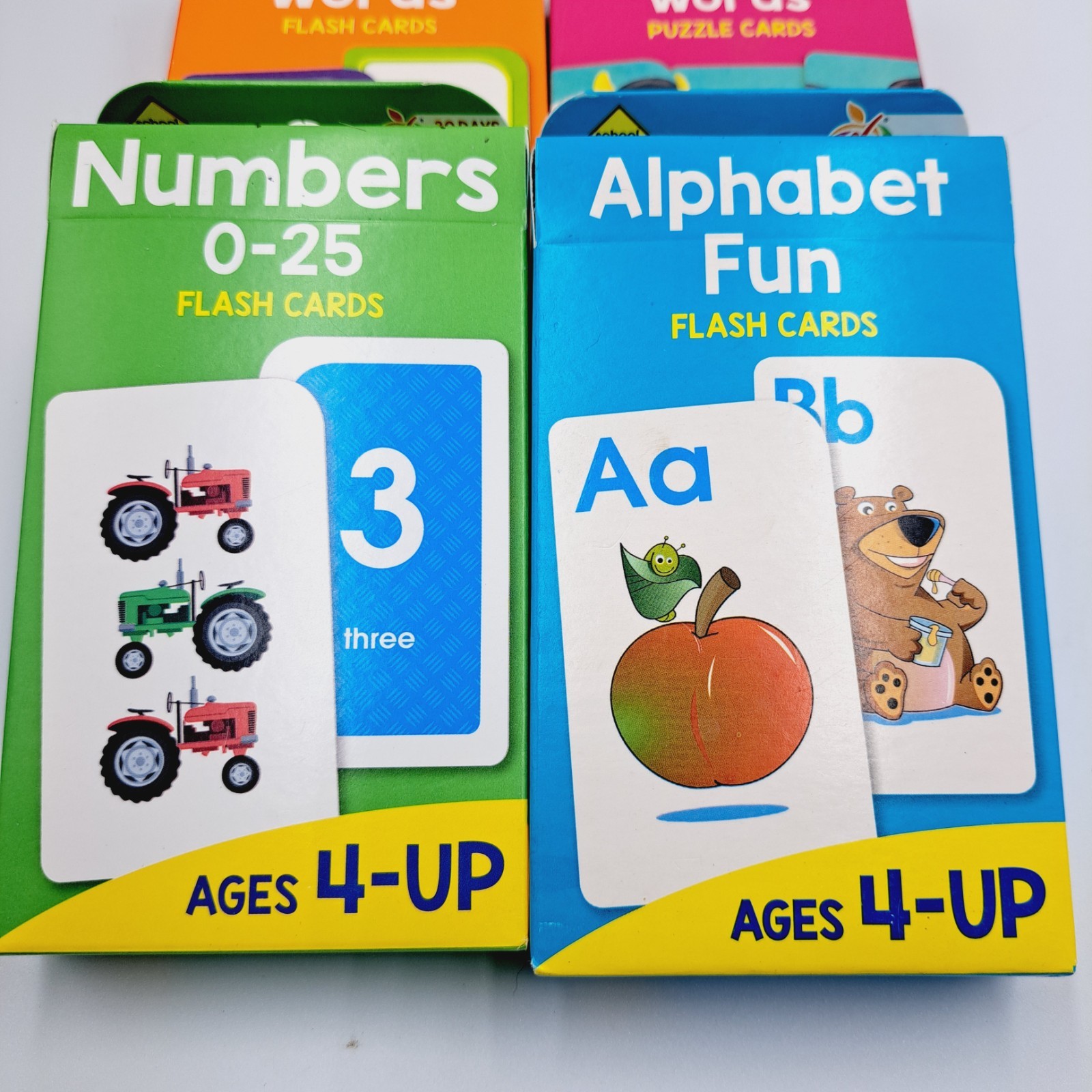 4 Packs of Learning Flash Cards School Zone Numbers, Words & Alphabet Age 3 & Up