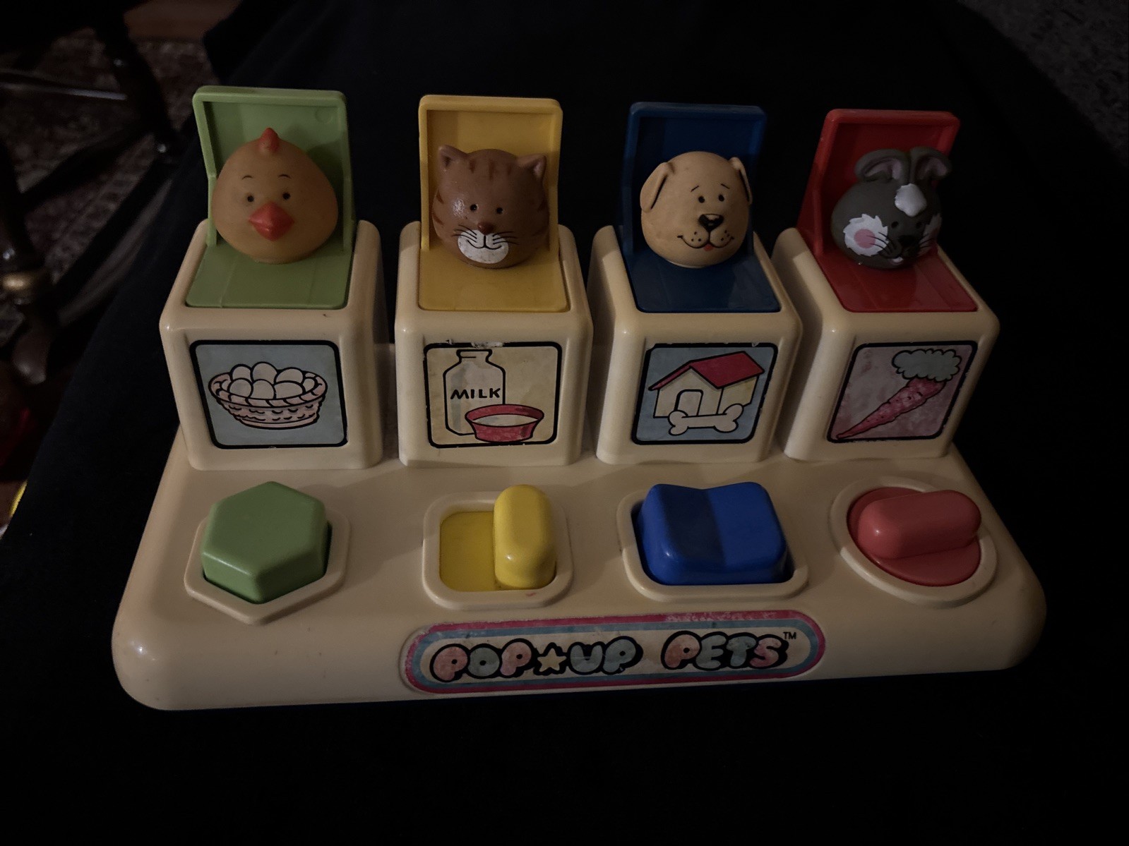 Vintage 1984 Pop-UP Pets Child Development toy, Working, carrot, eggs, milk, dog