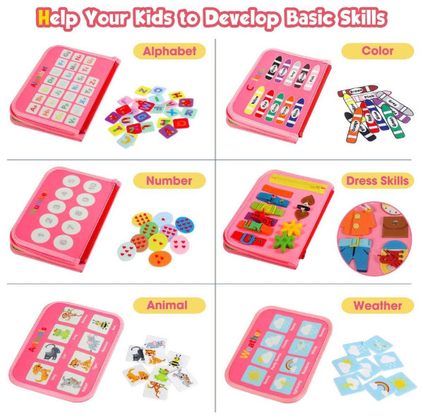 Montessori Busy Book Board Sensory Educational Toy Pink Dinosaurs