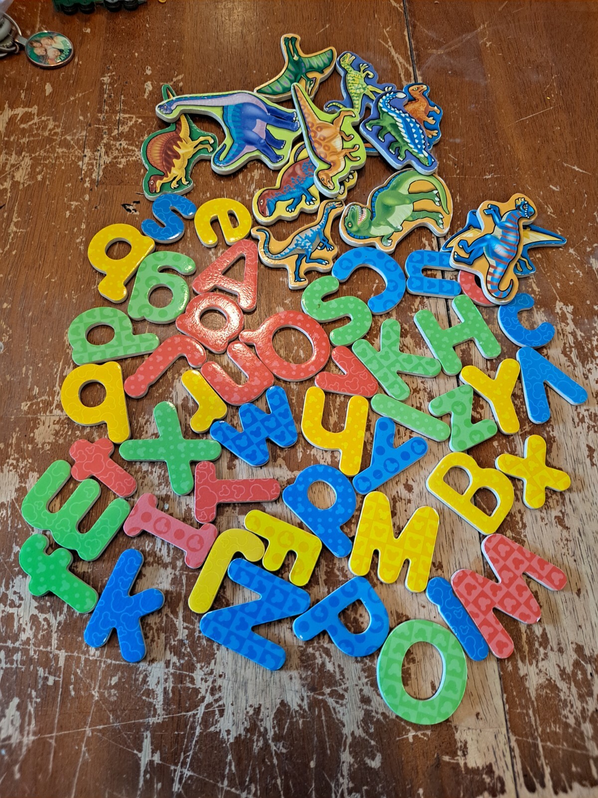Lot of 45 Wood Alphabet Magnetic Letters and 12 Dinosaurs