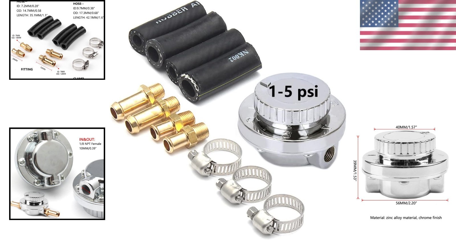 1-5 PSI Fuel Pressure Regulator Adjustable Manual Universal for Carburetor Carb