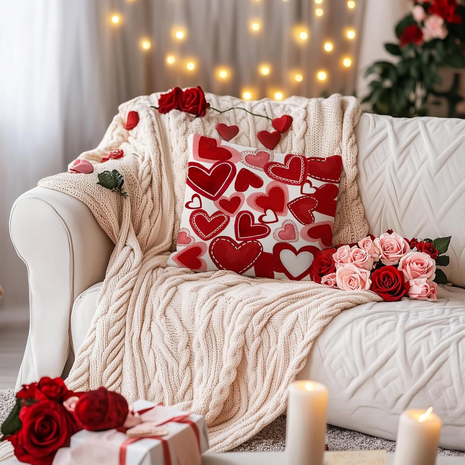 AACORS Valentines Pillow Covers 18×18 Inch Red Hearts Decorative Pillow Case