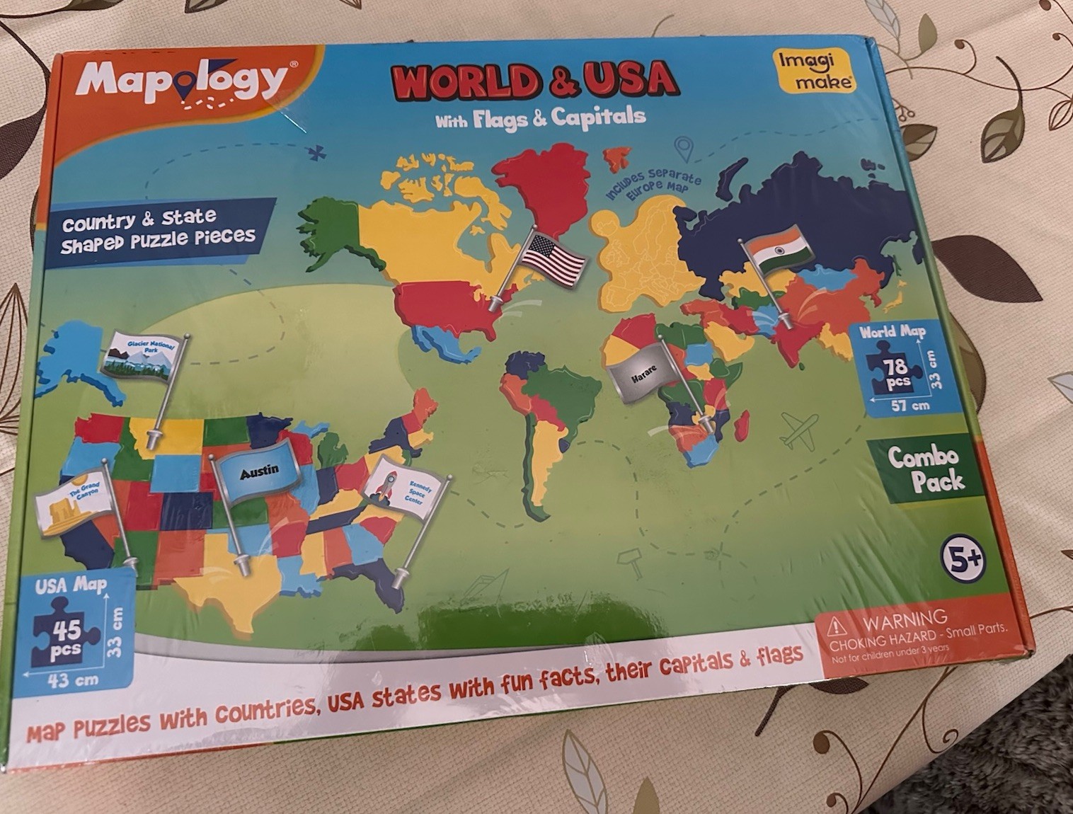 Mapology USA & World Map Puzzle with Flags, Capitals, Stickers Combo Pack NEW